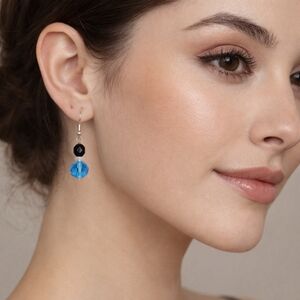 Handmade Glass Beads Dainty Dangle Earrings in Black, White and Aqua Blue